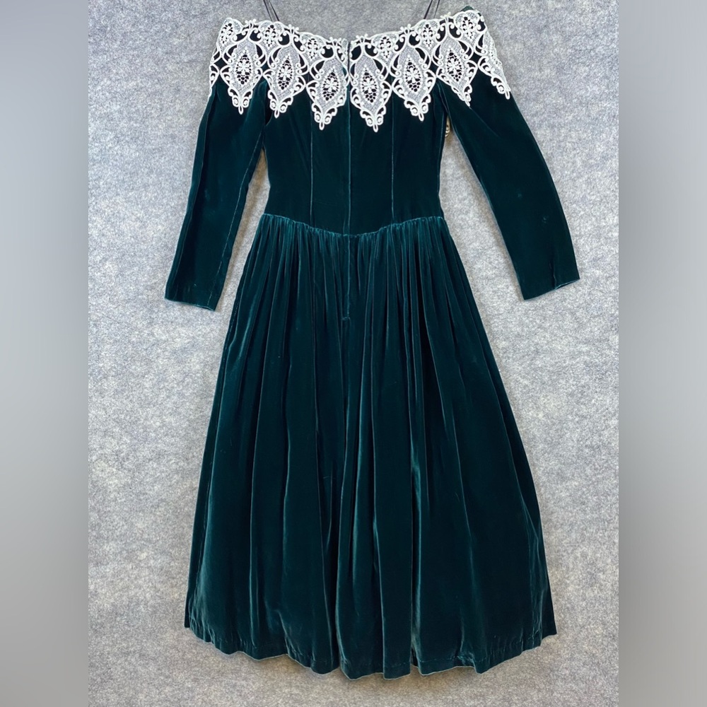 Jessica McClintok Vintage Velvet Lace and Beaded Dress 4 Green 80’s Petticoat - Picture 8 of 12